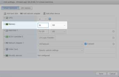 ESXi virtual hardware pop-up with the Memory section highlighted where minimum size can be adjusted.